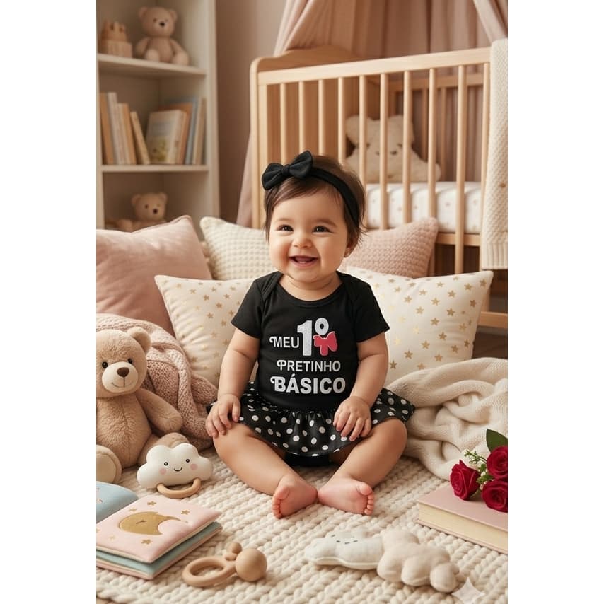Body Bebê Menina Temático  Meu Primeiro Pretinho Básico Mesversário