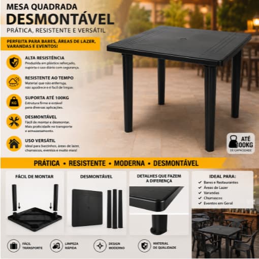 Mesa Quadrada Desmontável Reforçada Preta - Arqplast