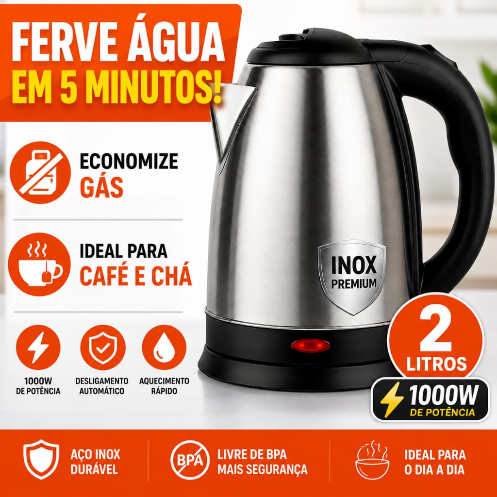 Chaleira Elétrica Inox 2 Litros 1000W Ferve Água em 5 Minutos Desligamento Automático 127V