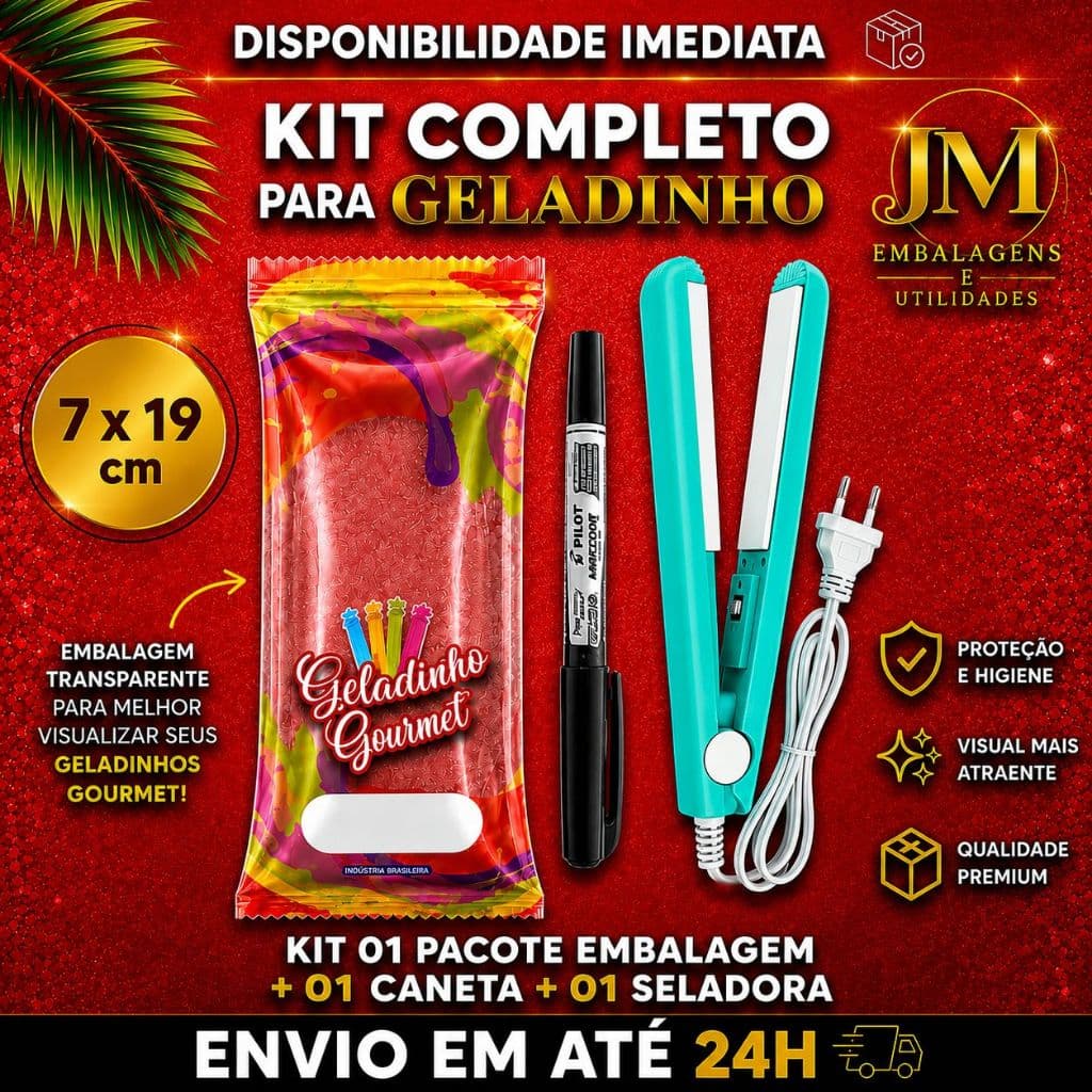 KIT 01 PACOTE + SELADORA+ CANETA Embalagem higiênica para geladinho gourmet vermelho/Azul 7x19. 01 PCT+01 CANETA+01 SELA