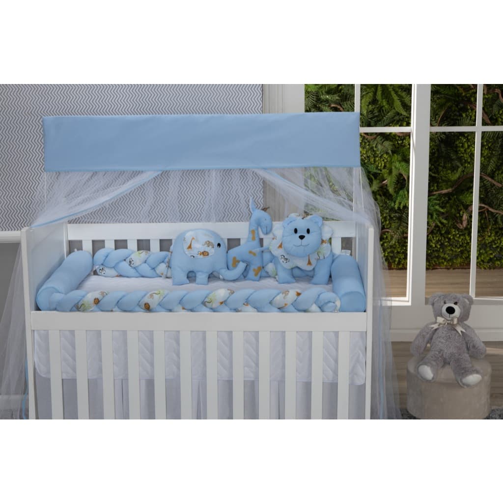 Kit Protetor de Berço Trança Bichinhos Safari Azul 11 Peças 100% Algodão Girafa Leão Elefante