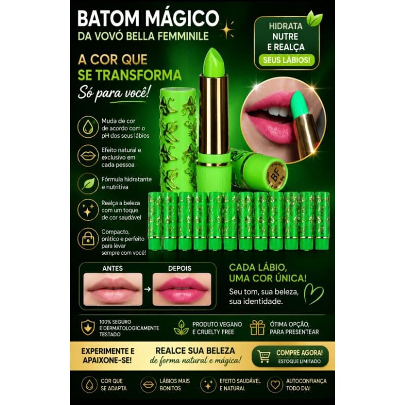 Batom mágico da vovó bella femme verde que deixa boca rosa natural 24horas