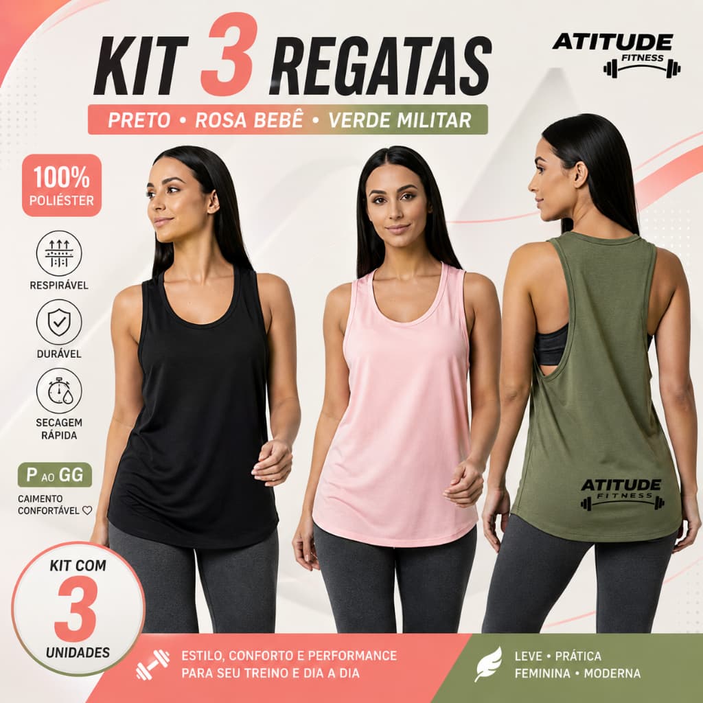 Kit 3 Regatas Cavadas Femininas Fitness Coloridas Atitude Fitness