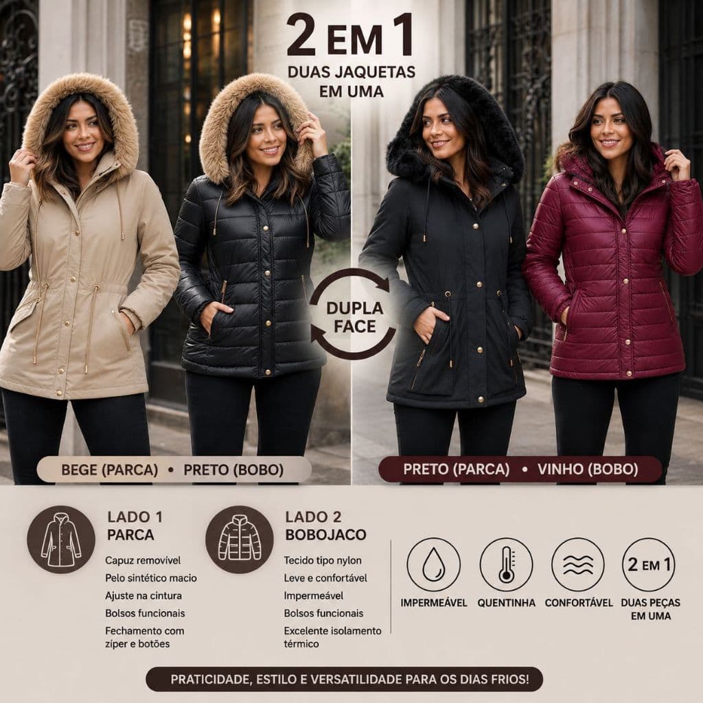 Jaqueta Feminina Dupla Face 2 em 1 Parca com Pelo e Capuz Removível + Puffer Bobojaco Impermeável Inverno