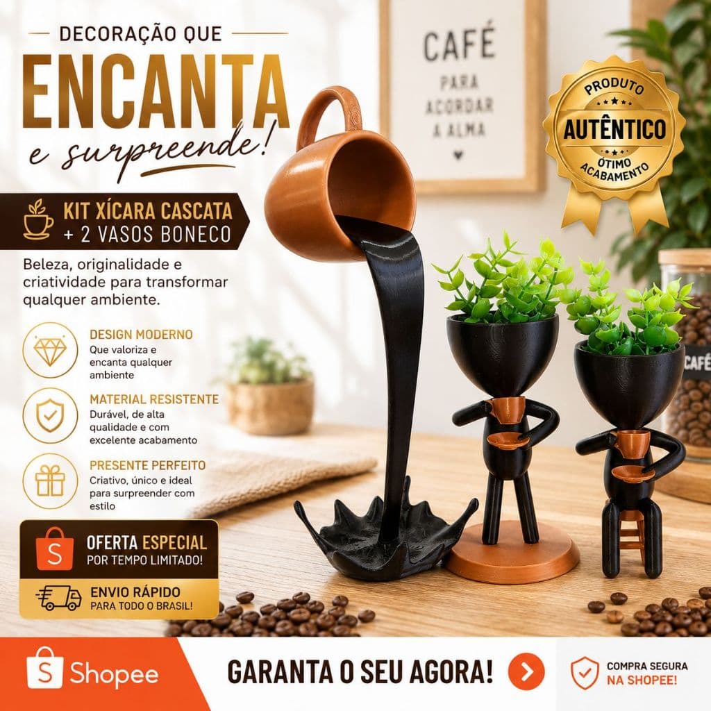 Kit Xícará Flutuante Café com 2 Vasos Bob Preto com Cobre