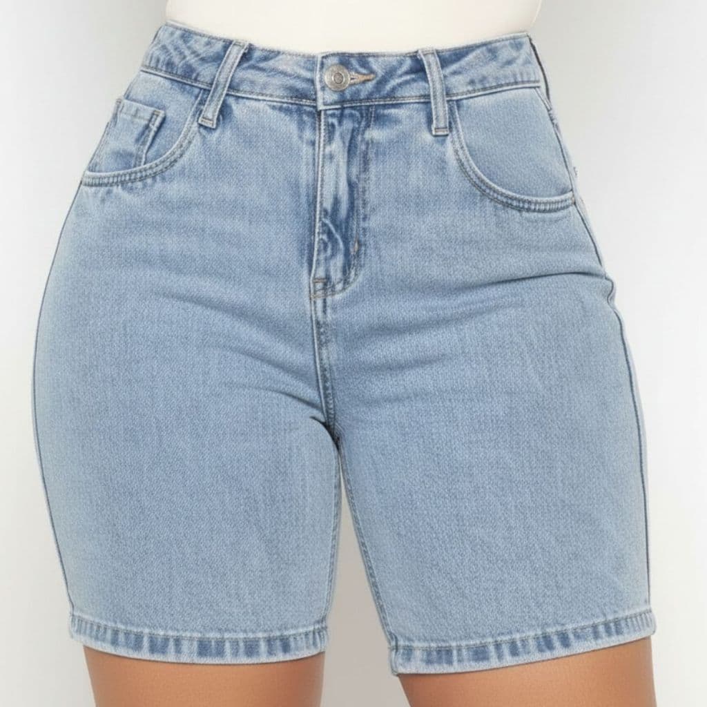 Bermuda Jeans Feminina Cintura Alta Lavagem Clara Casual Confortável Com Bolsos