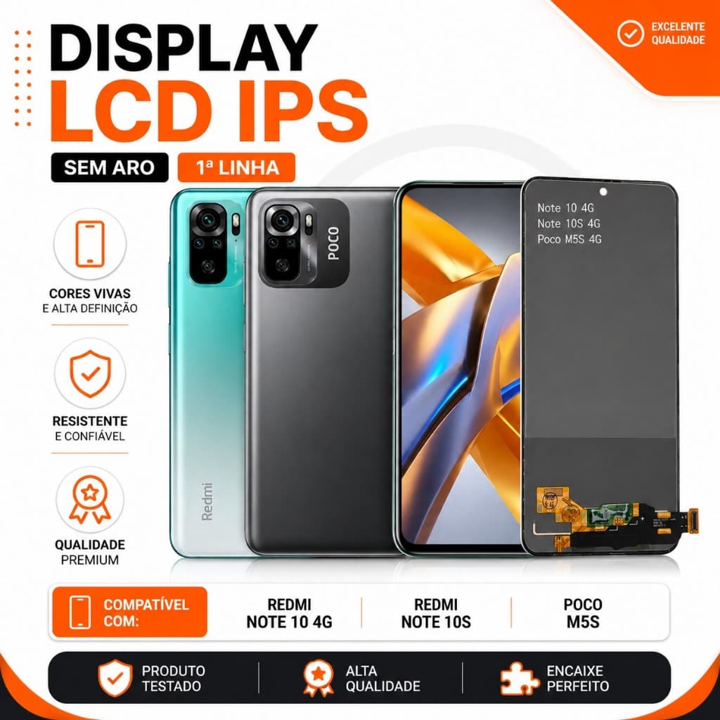 Tela Redmi Note 10 4G/10S/ Poco M5S Display LCD IPS 1° Linha Frontal Sem Aro Módulo Encaixe Perfeito