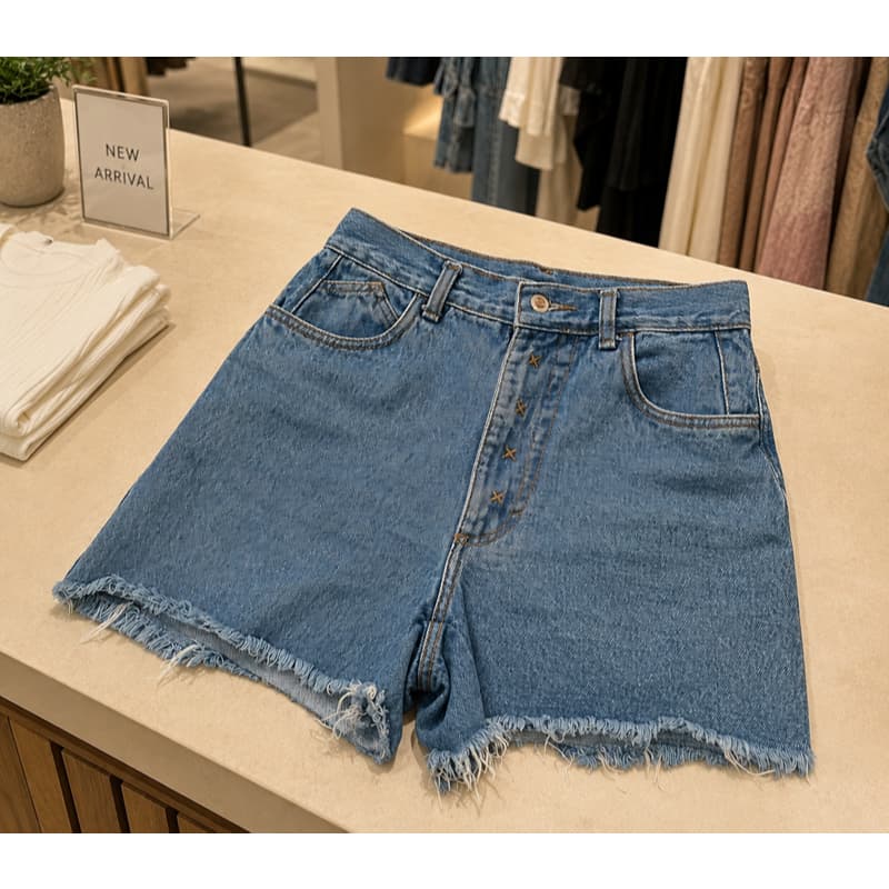 Short jeans feminino vintage cintura alta barra desfiada Hamuche