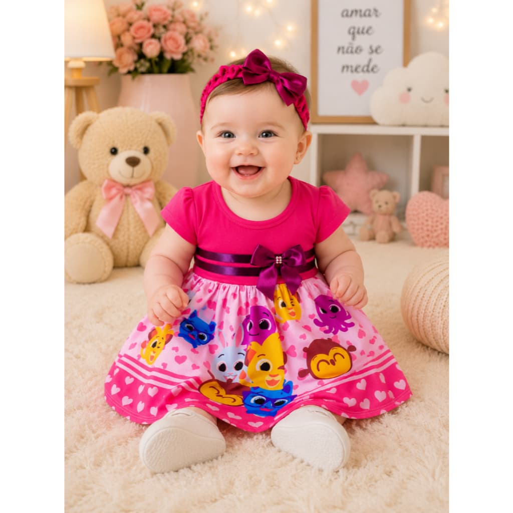 Vestido Bebê Menina Temático Bolo Fofo para Mesversário e Festa Roupa de Recém-Nascida