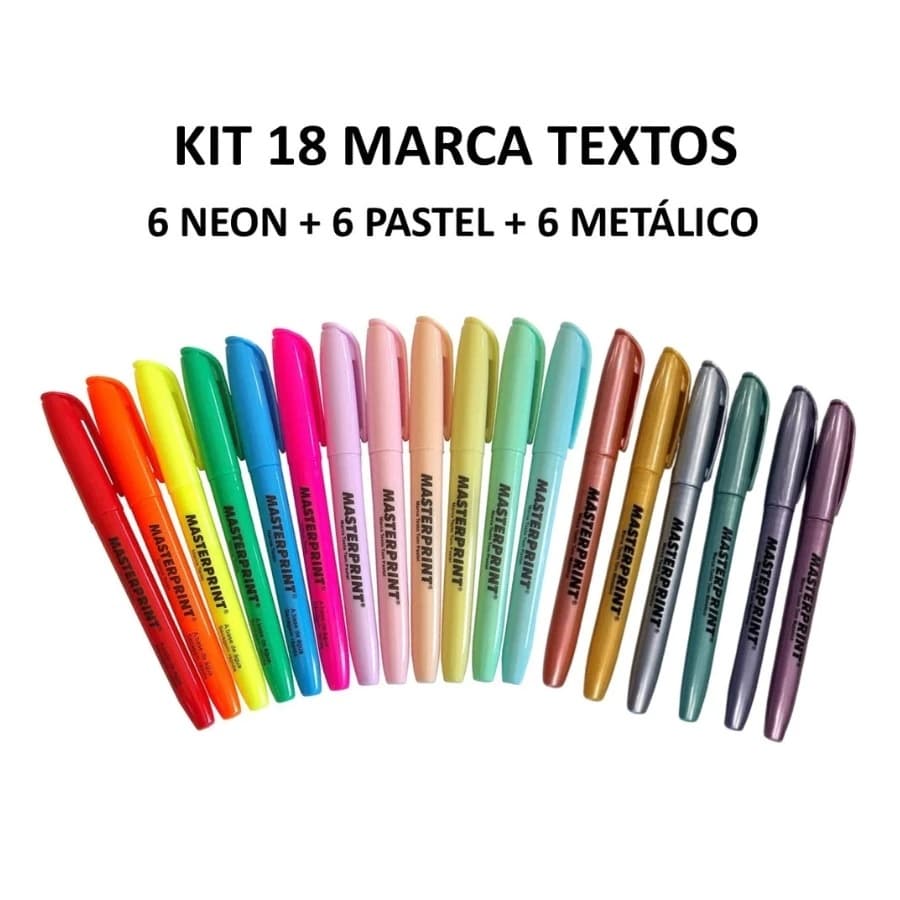 Kit Marca Texto Masterprint 18 Cores Neon Pastel Metálico Escolar Estudo Resumos