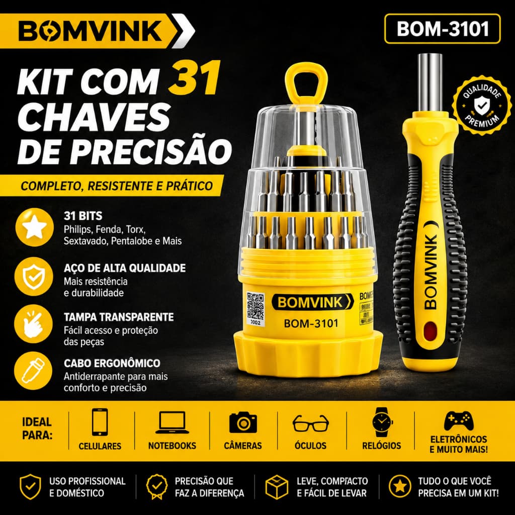 Kit Chave Precisão 31 Em 1 Bomvink Ferramenta Celular Notebook Torx Philips Pentalobe
