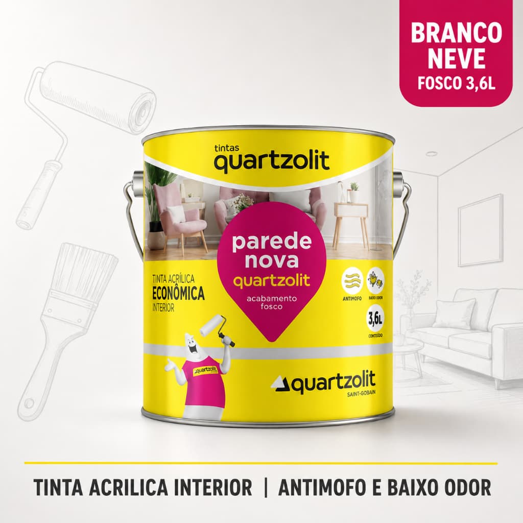 Tinta Acrilica Quartzolit 3,6L Branco Neve Fosca Parede Interna Antimofo Econômica