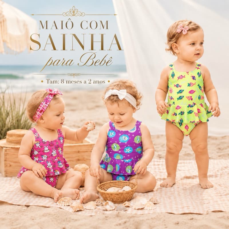 Maiô Infantil Bebê Menina com Sainha Moda Praia Piscina Estampas Variadas 6 a 12 meses