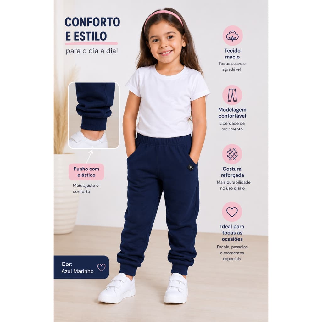 Calça Moletom Infantil Feminina Escolar Quentinha Confortável 4 ao 08