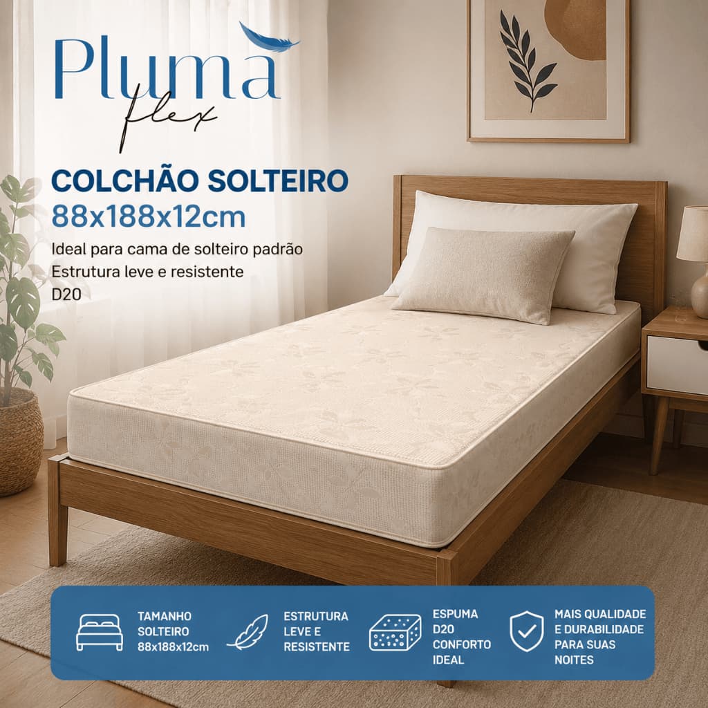 Colchão Solteiro Espuma 88 x 188 x 12cm Confortável Resistente e Durável