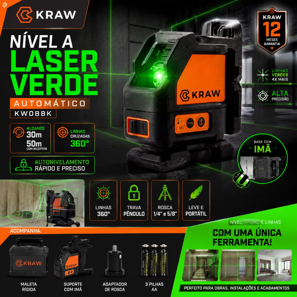 Nivel a Laser Verde Automatico 30m K-NM2 Kraw Kw088k