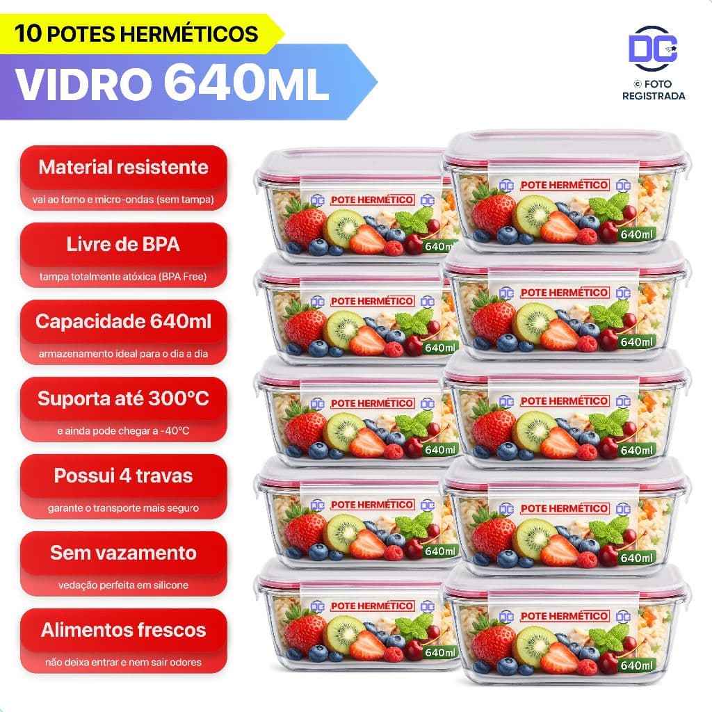 Kit 10 Potes Hermético Vidro Tampa Transparente Marmita Pote 640ml Mantimentos Cozinha Cor Sortido
