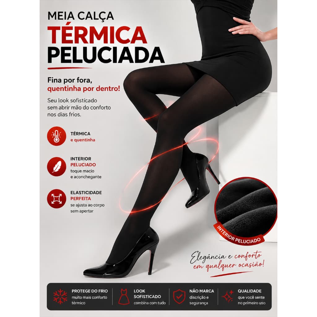 Meia-Calça De Lã Térmica Para Inverno Forrada Peluciada Translúcida Quente Feminina P/M G/GG
