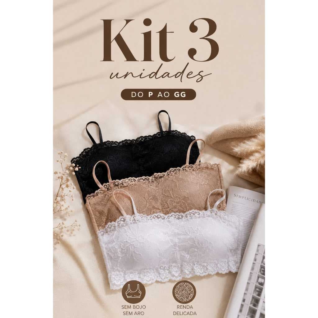 Kit 3 Top Faixa Sem Bojo Top Rendado Alcinha Fina Sutiã Forrado Topper Cropped Feminino Adulto Toper