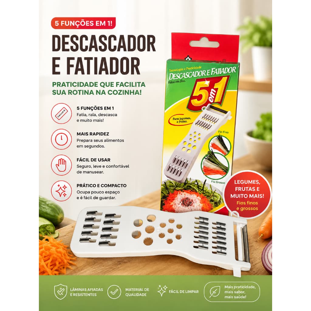 Descascador e Fatiador de Legumes e Frutas - 5 em 1 com Lâminas de Aço Inox