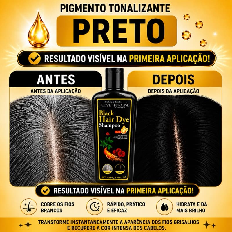 Shampoo preto Tonalizante PRO Tintura, escurecedor , na primeira aplicação para cabelos brancos,grisalhos e opacos.