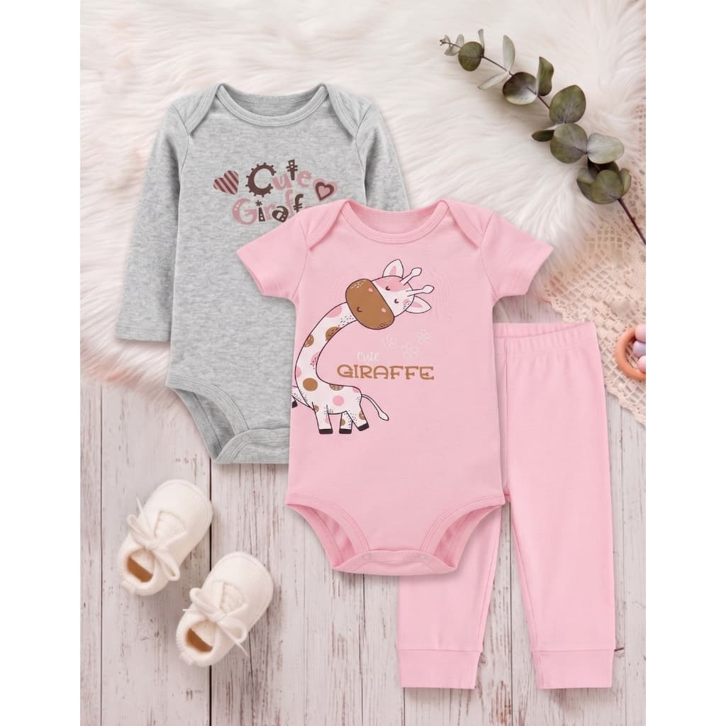 Conjunto Body Bebe Manga Longa Menina Kit 3 Peças