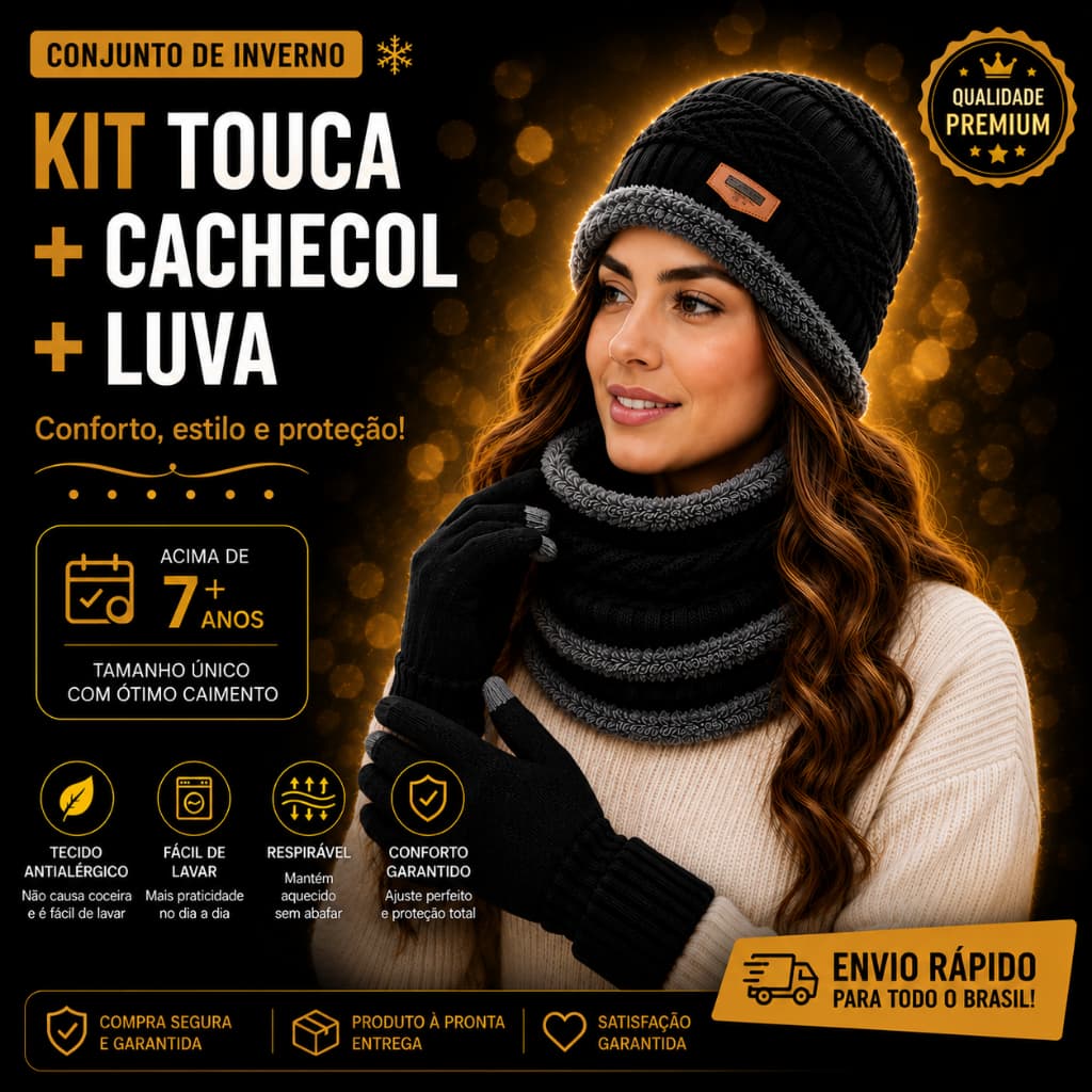 Kit Touca Luva Cachecol Lã Quente Macio Inverno Proteção Frio 3 Peças Unissex Forrado Térmica