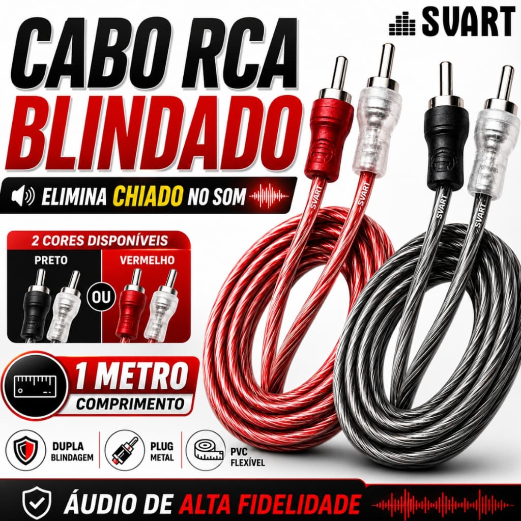 Cabo RCA 1 Metro Svart Injetado Dupla Blindagem Som Automotivo Vermelho Preto Prata Alta Performance