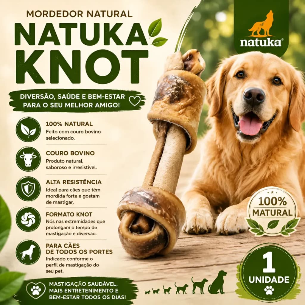 Mordedor Natural Para Cachorro Natuka Knot Nó De Couro Bovino 1 Unidade Resistente