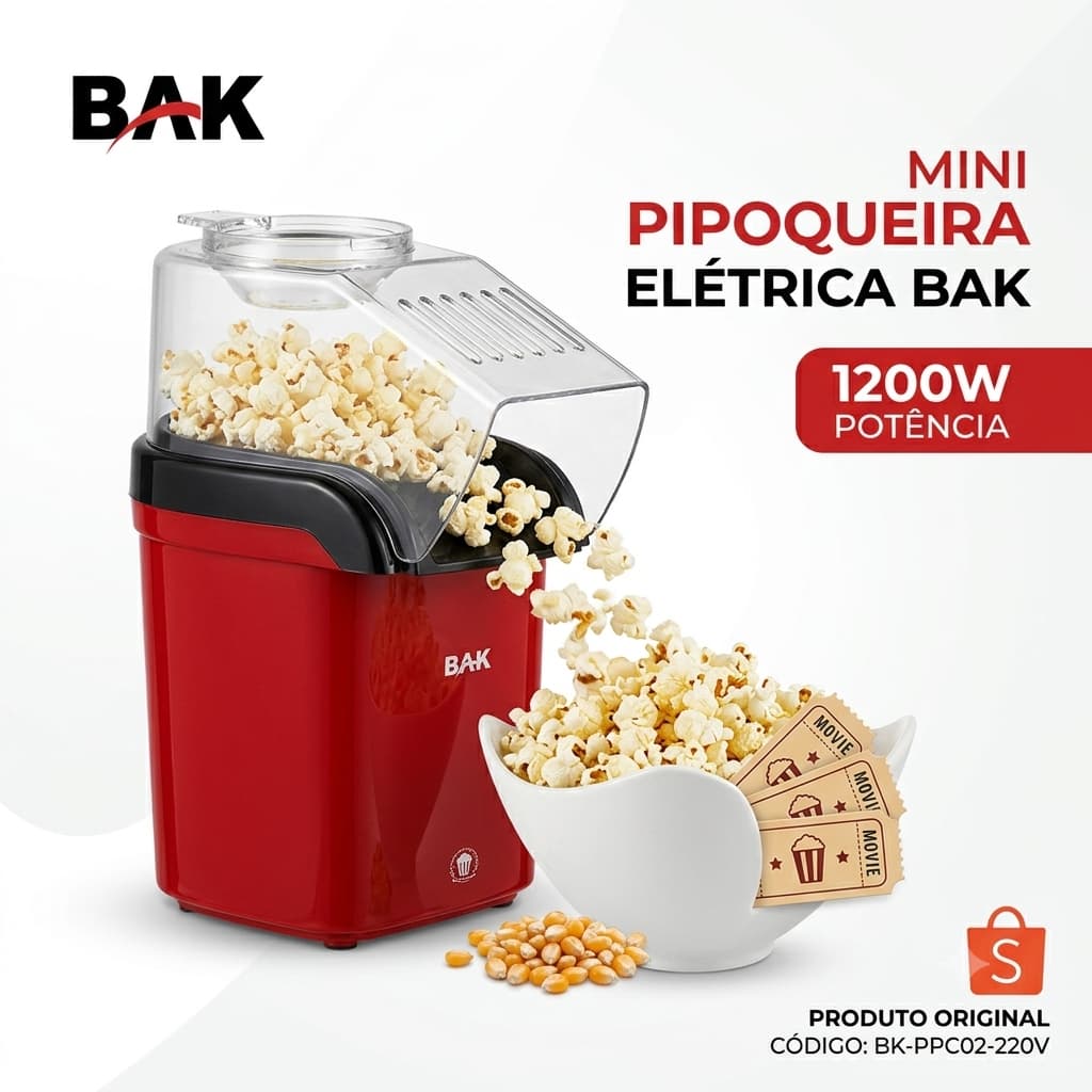 Mini Pipoqueira Elétrica Sem Óleo BAK 220V - Preta