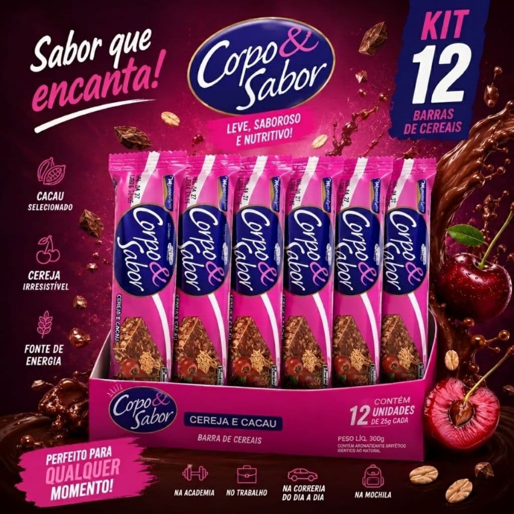 Kit 12 Barra de Cereais Corpo & Sabor Cereja e Cacau Montevérgine 25g