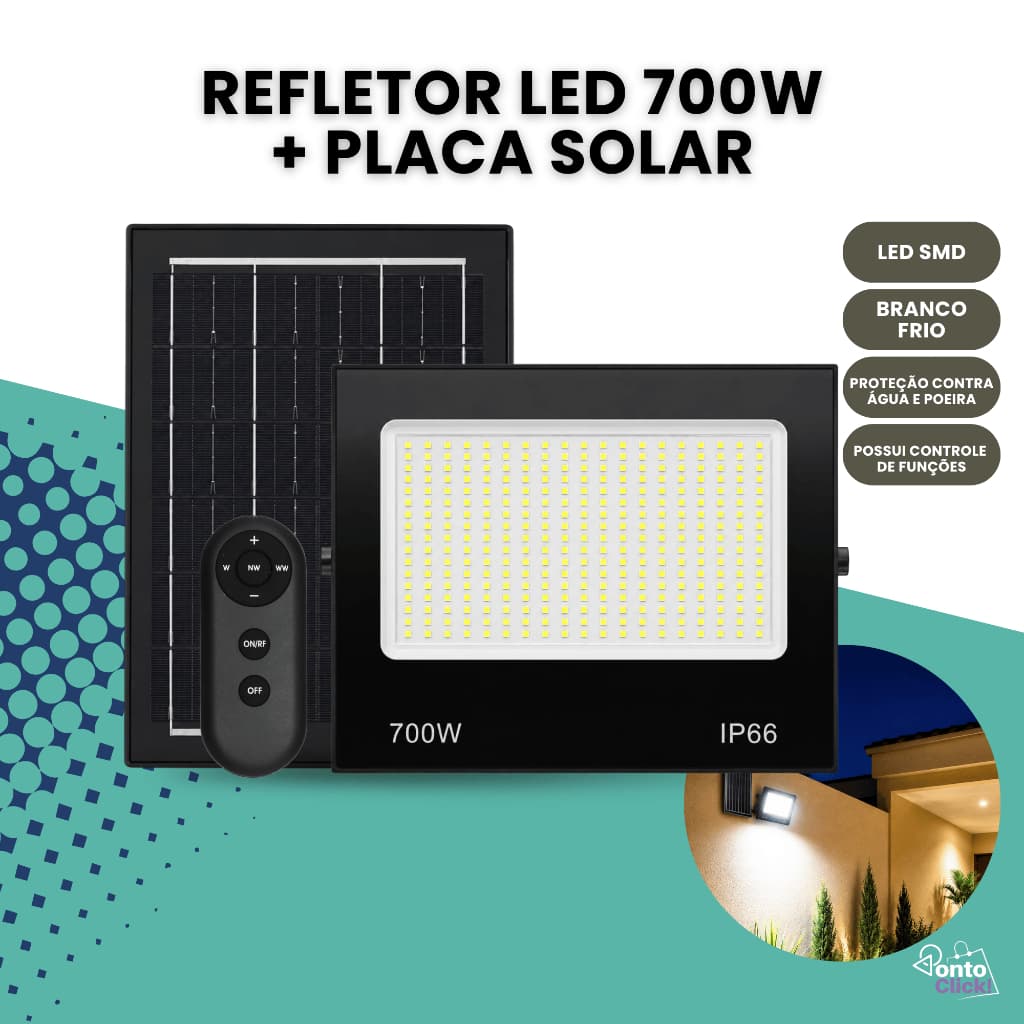 Refletor Holofote LED Solar 1100w com Placa Iluminação Potente Luz Branco Frio e Bateria à Prova D'Água