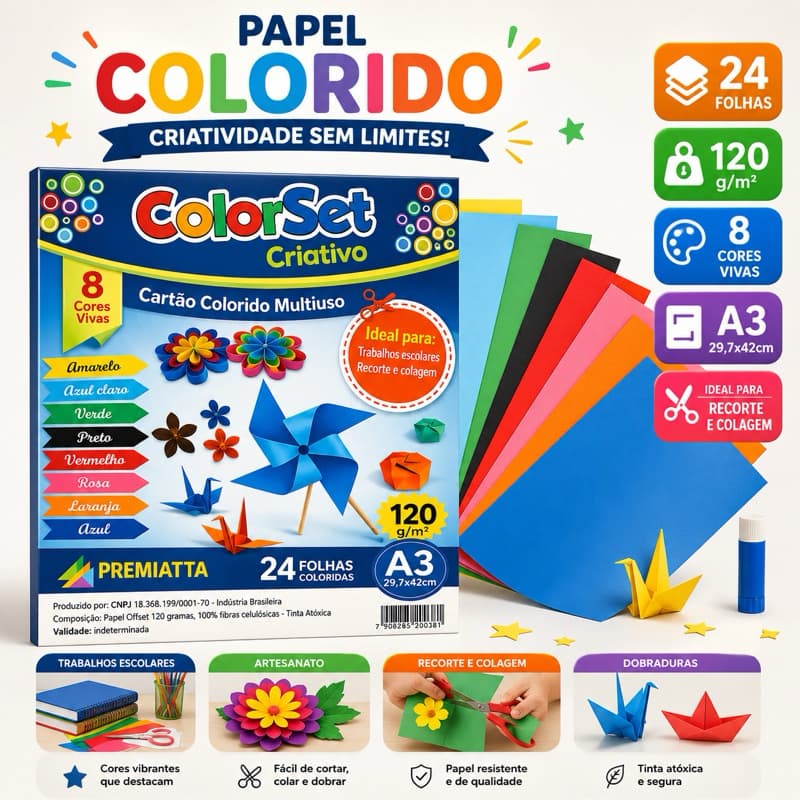 Papel Cartolina ColorSet Criativo A3 120g Cores Vivas Sortidas para Escola, Origami, Aulas, Artes, Artesanato