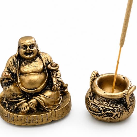 Kit Buda da Sorte com Incensário Caldeirão Decoração Espiritual Resina Premium