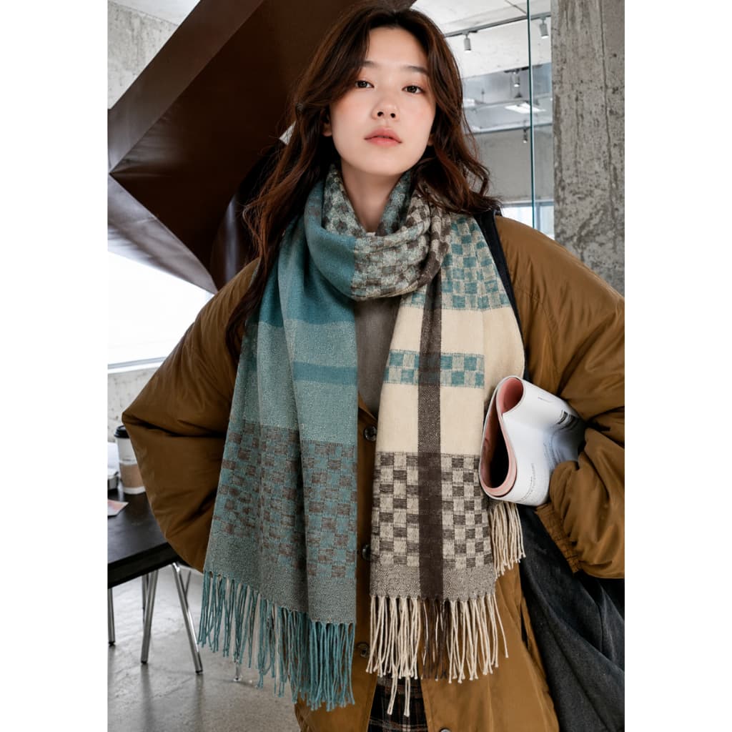 Cachecol Xadrez Feminino Verde Lenço Grosso Pashmina Echarpe Masculino Unissex Para Frio Inverno Adulto C7