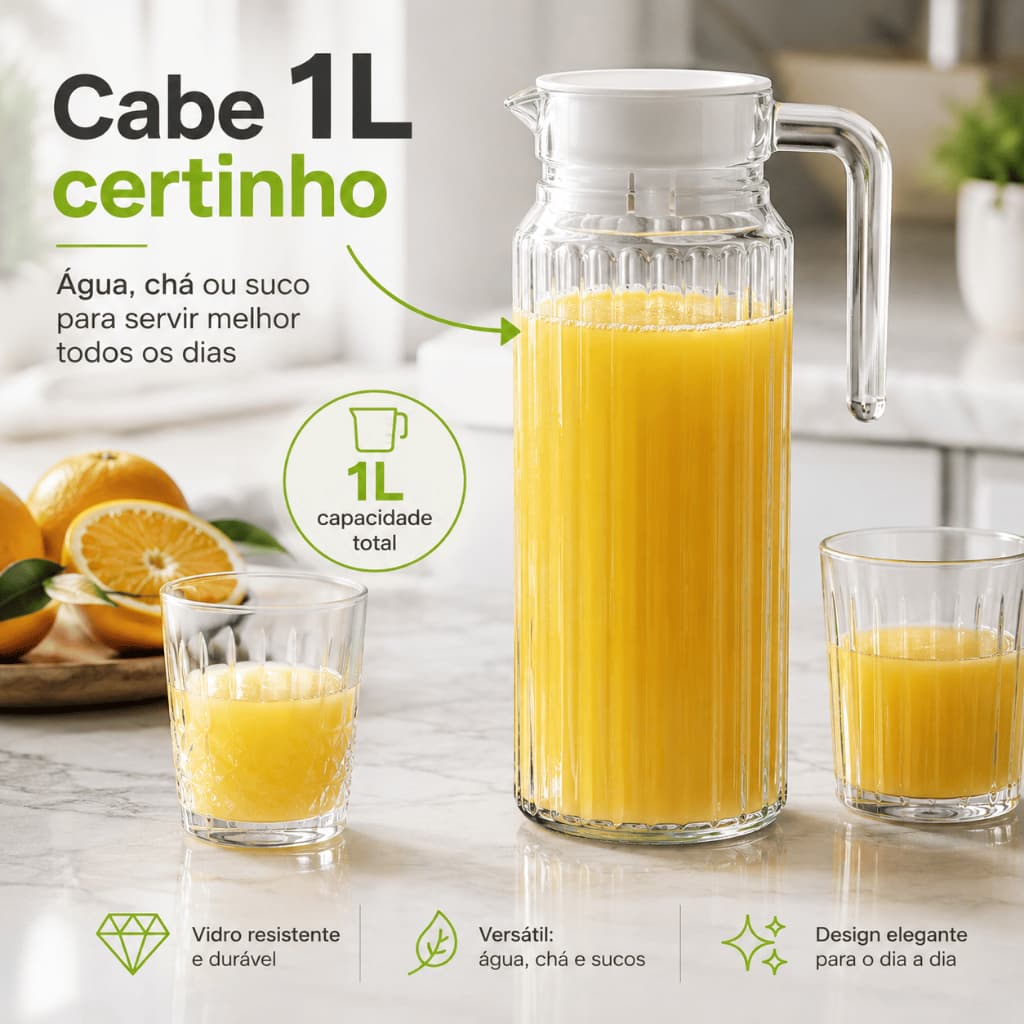 Jarra 1 Litro Com Tampa Para Água Suco Vidro Grosso Com Alça Cor Transparente Cinza