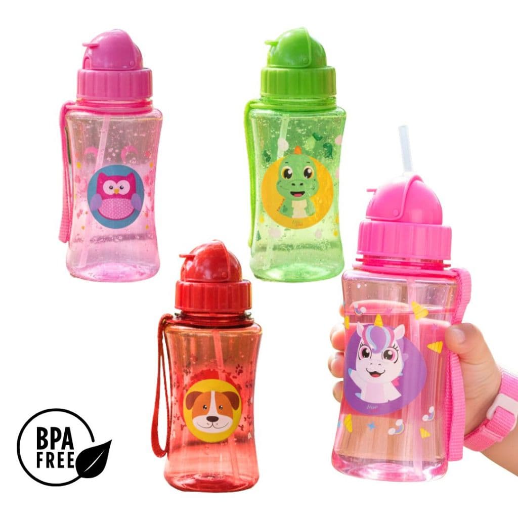 Garrafinha Infantil 400ml com Canudo Silicone Squeeze Infantil Unicórnio Dinossauro Coruja Cachorro