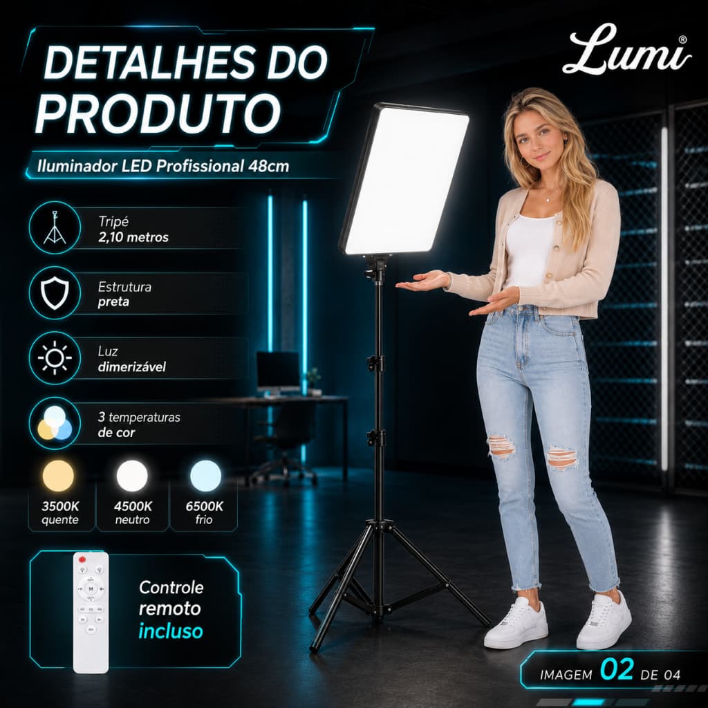 RingLight Iluminador LED Profissional 19" 48cm Tripé 2,10m Controle Remoto Dimerizável Fotos Vídeos