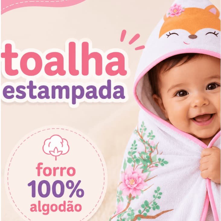 Toalha de banho Raposinha Rosa capuz bebê infantil dupla camada fralda 100% algodão 75 x 95 cm