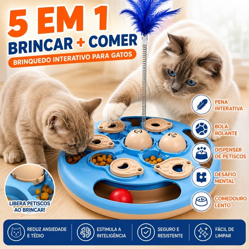 Brinquedo Interativo para Gatos 5 em 1 Com Pena e Bola Rolante Comedouro Lento Inteligente e Dispenser de Petiscos