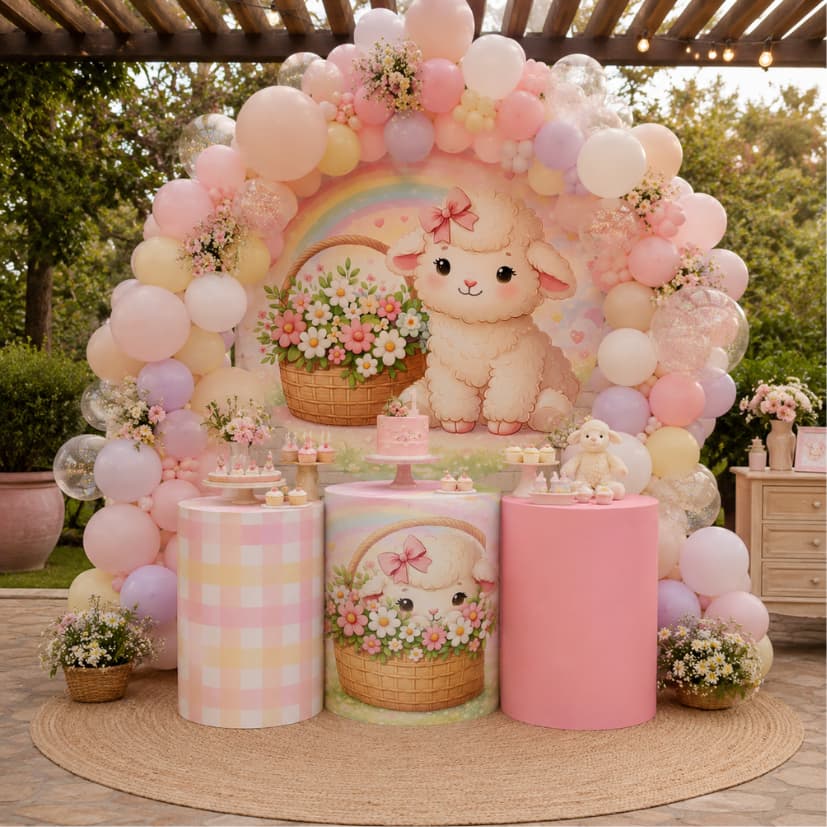Capa Painel Redondo 1.50m  + Trio Cilindros Sublimado Veste Fácil Festa Ovelhinha Baby Oferta Bibi