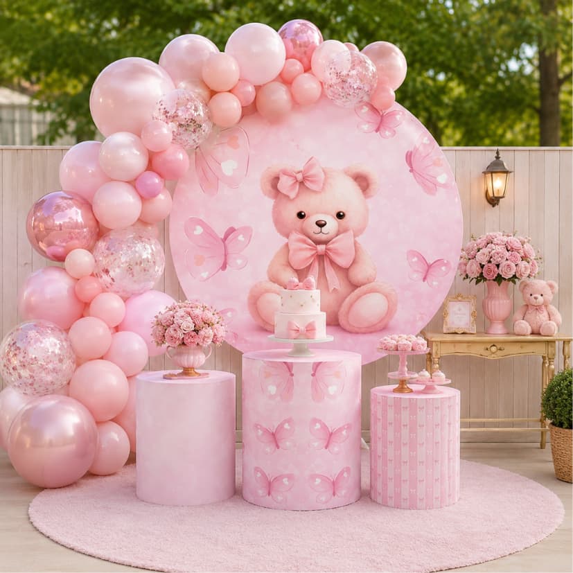 Capa Painel Redondo +  Trio Cilindros Sublimado Veste Fácil Festa  Chá de Bebê Ursinha Rosa Infantil