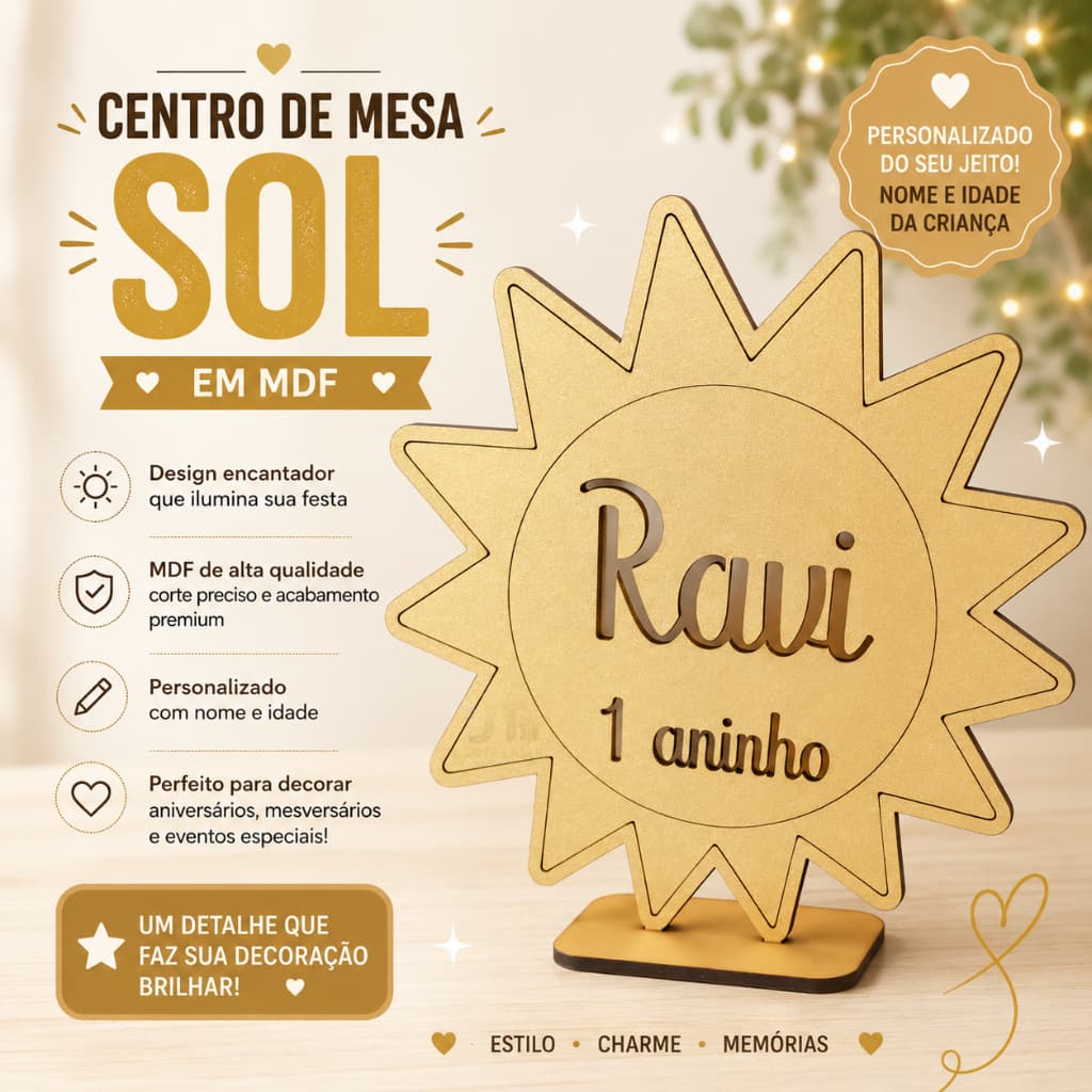 Kit Centro de Mesa SOL em MDF Dourado