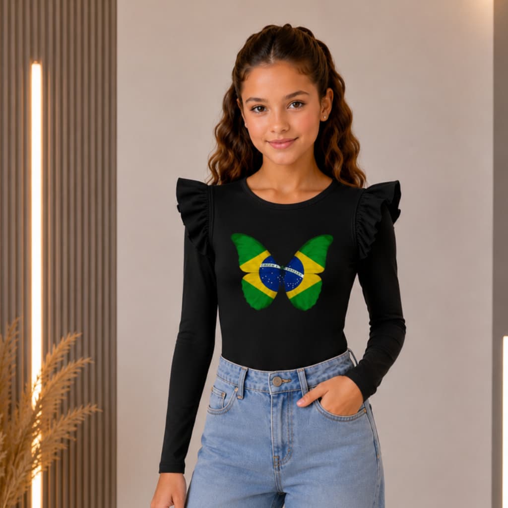 Blusa Manga Longa Body Infantil Juvenil Feminino Copa Brasil Torcedora Lançamento Manga Longa