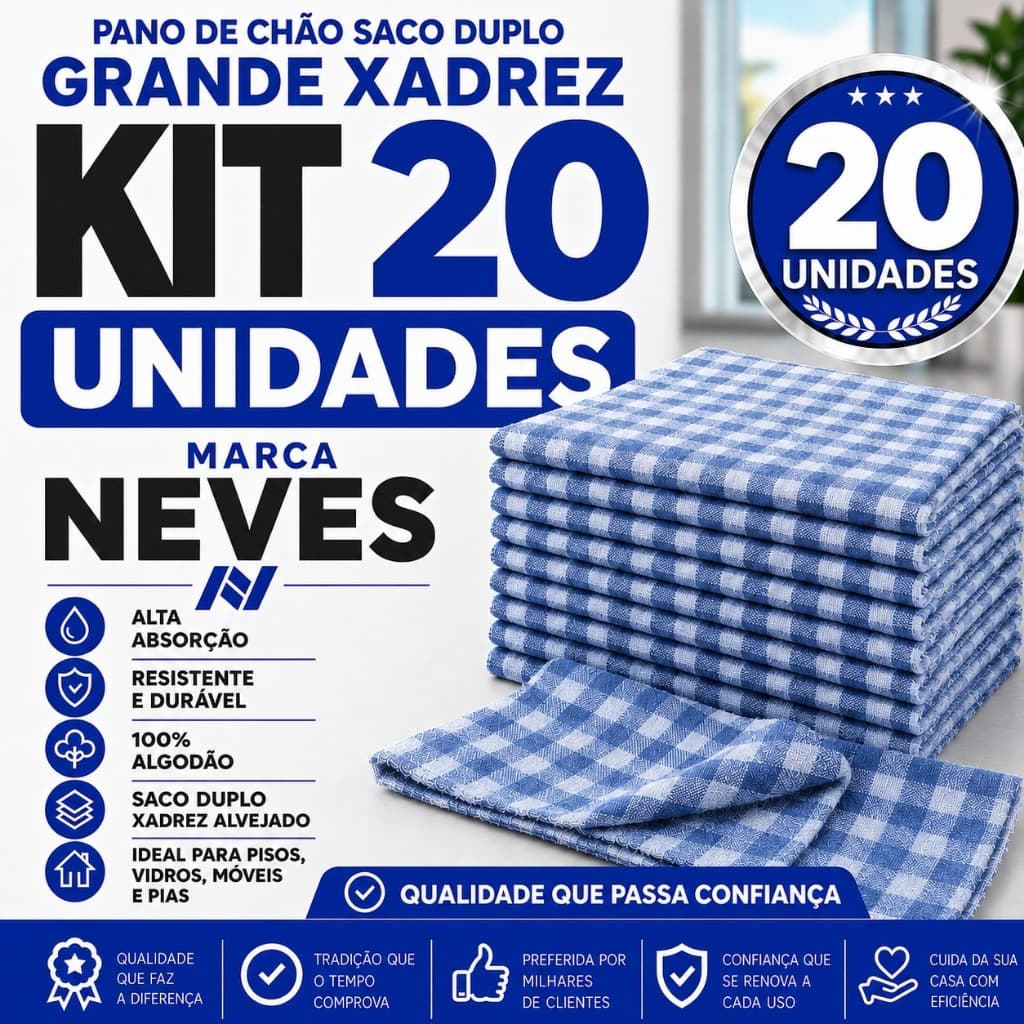 Pano De Chão Grande Xadrez Azul 40x70 Cm Neves 100% Algodão Alvejado Pano Duplo 60Gr Saco Atacado