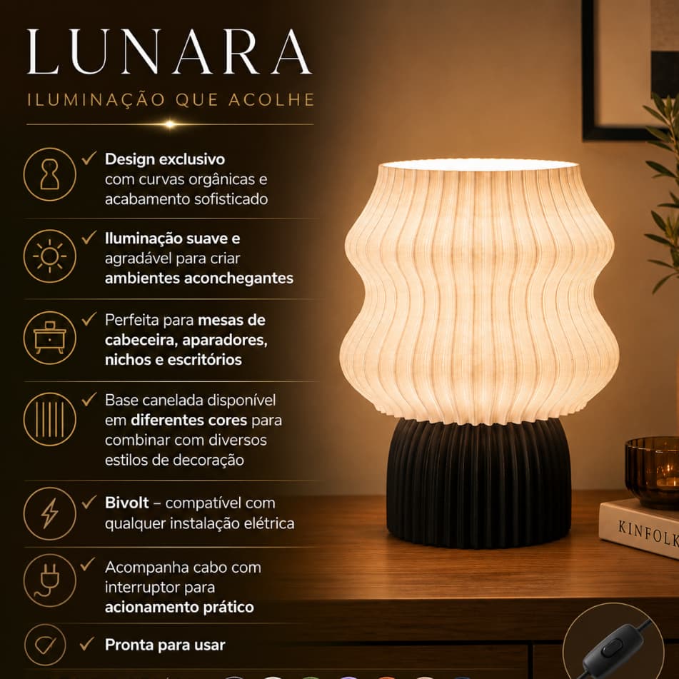 Luminária de Mesa Lunara para Quarto Escritório Sala de estar Moderna Bivolt