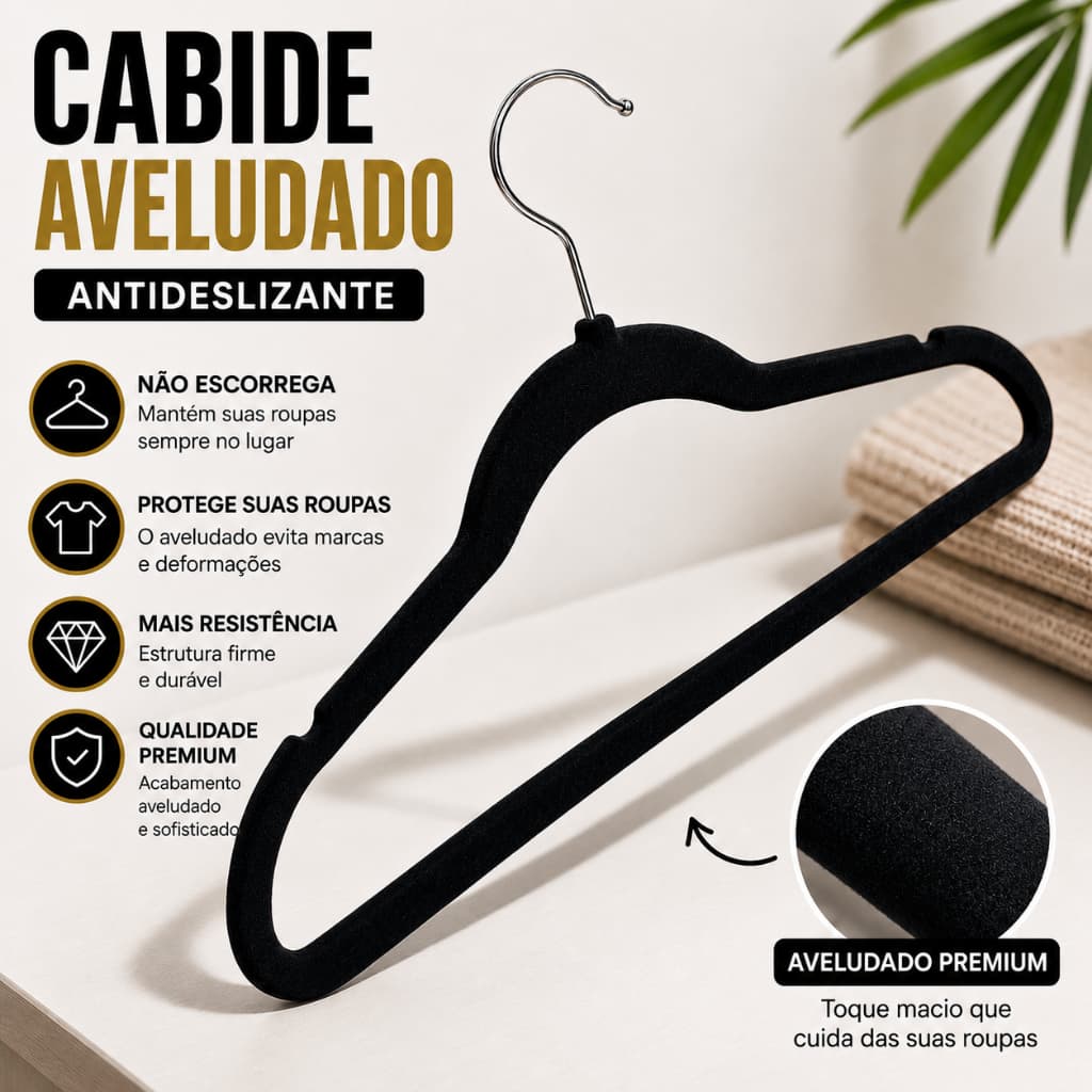 Kit 50 Cabides de Veludo Slim  Adulto Antideslizante com Gancho Giratório
