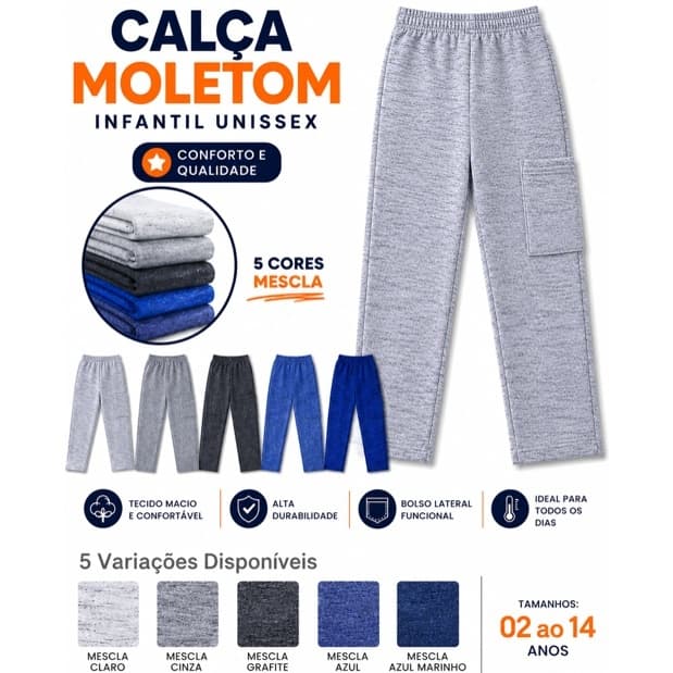 Calça Moletom Infantil Mescla Com Bolso Lateral | Confortável | Unissex | Várias Cores