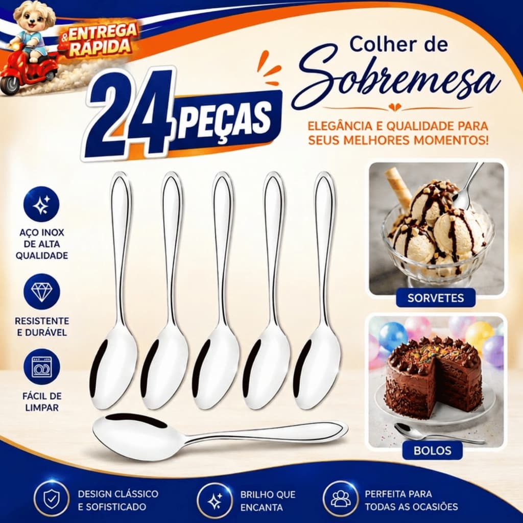 Conjunto  24 Colher de Sobremesa Inox Aço Inoxidável Premium Talheres Mesa  Festa Doces Doceria Bolo