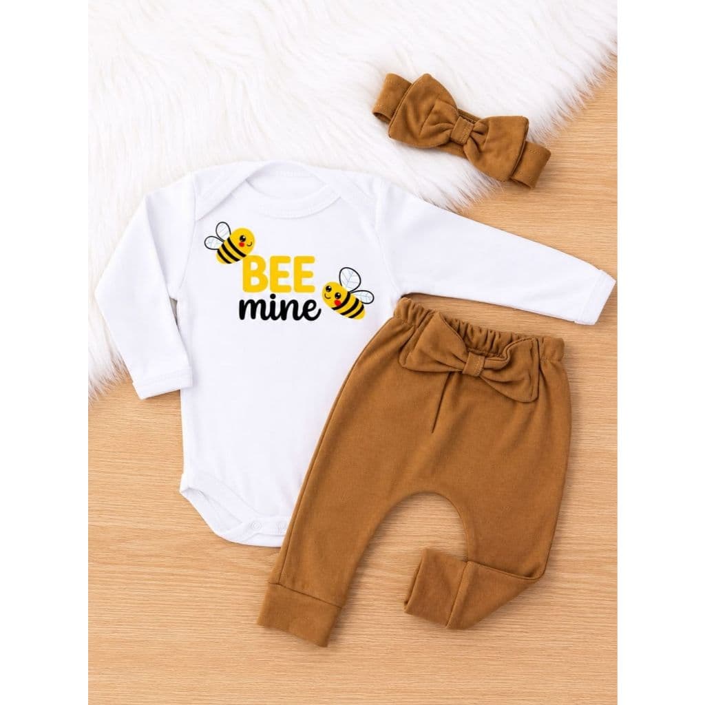 Conjunto Bebê Menina Abelinha Calça Frufru Body Algodão Manga Longa Faixa Laço Bebê Meia Estação